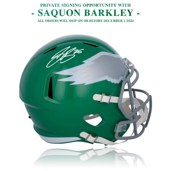 Saquon Barkley Autograph Philadelphia Eagles Kelly Green Full-Size Rep Helmet | Pre-Sale Opportunity Online now