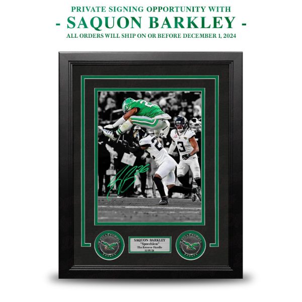 Saquon Barkley Autographed Reverse Hurdle Framed Photo | Pre-Sale Opportunity Online Sale