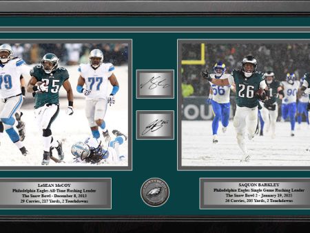 LeSean McCoy & Saquon Barkley Snow Bowl Philadelphia Eagles Framed Photos with Engraved Autographs For Sale