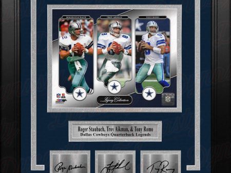 Roger Staubach, Troy Aikman & Tony Romo Dallas Cowboys 8x10 Framed Photo with Engraved Autographs Discount