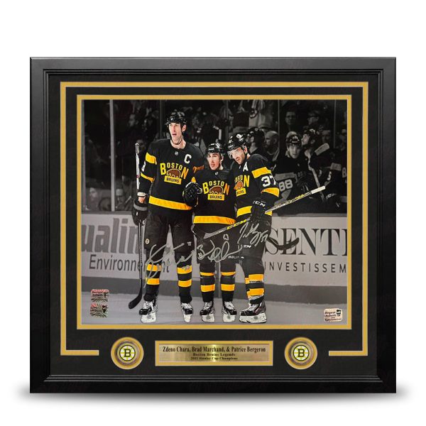 Zdeno Chara, Brad Marchand, Patrice Bergeron Boston Bruins Autographed 16x20 Framed Blackout Photo Discount