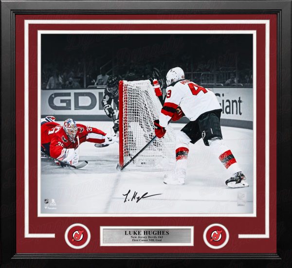 Luke Hughes First NHL Goal New Jersey Devils Autographed 16x20 Framed Spotlight Photo Cheap