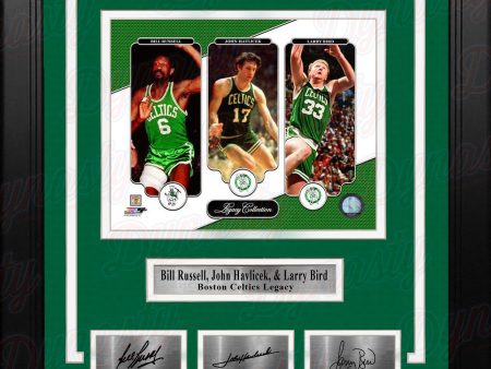 Bill Russell, John Havlicek, & Larry Bird Boston Celtics 8x10 Framed Photo with Engraved Autographs Hot on Sale