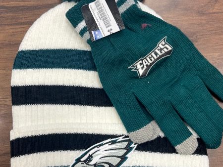 Philadelphia Eagles Striped Cuffed Pom Knit Beanie and Gloves Set For Discount