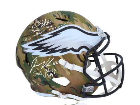 Brian Dawkins & Jason Kelce Philadelphia Eagles Autographed Football Camo Helmet with Inscriptions on Sale